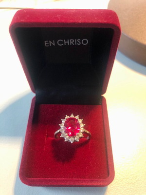 Silver 925 ring with red and white zircon, like new