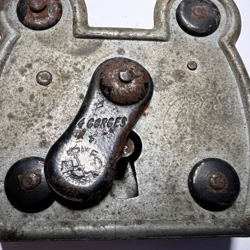 Antique French 4 Gorges Padlock used, functional with key