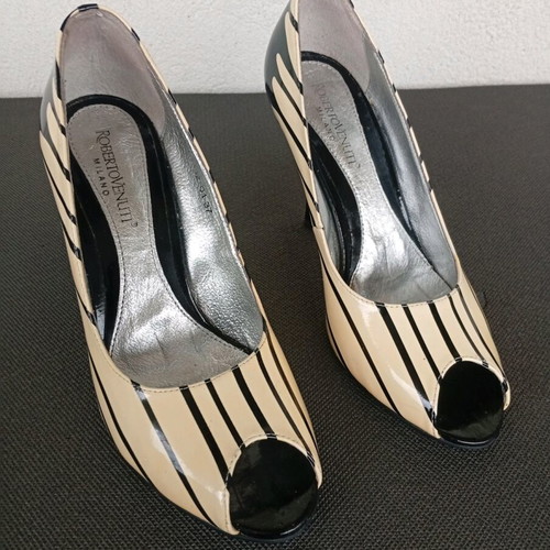 Roberto Venuti Milano Peep-Toe Patent Leather Striped Drip Heels No.37 Like New