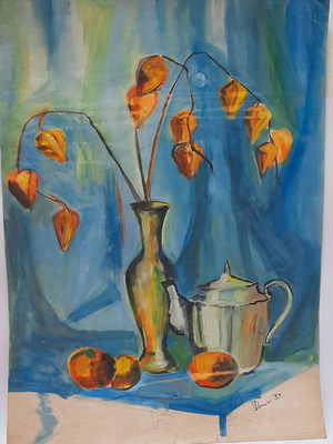 Vintage watercolor still life painting 70x50 cm, signed