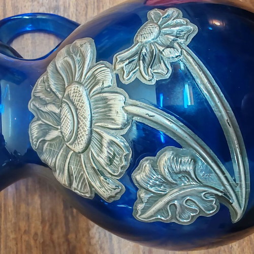 Set of blue blown glass jug and silver-plated fondue pot like new