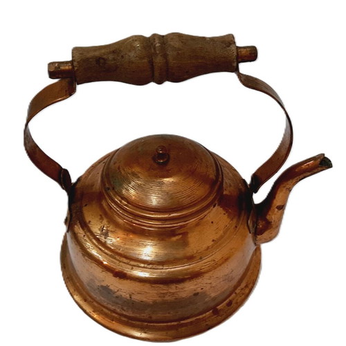 Vintage copper teapot used, 1980s, wooden handle