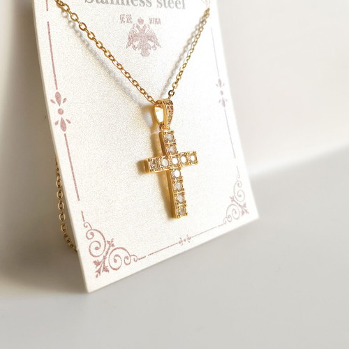 Cross pendant new, gold plated stainless steel with zircon stones