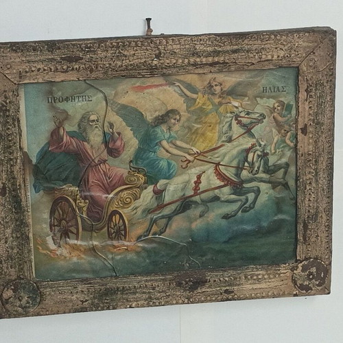 Prophet Elias antique lithograph religious image on wood used with metal frame