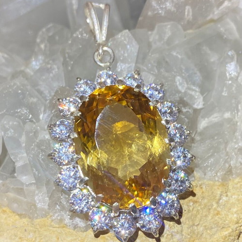 Silver pendant with large cut citrine stone and moissanites, new