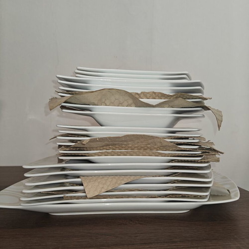 Hausmann porcelain dinnerware set like new, modern beige circles