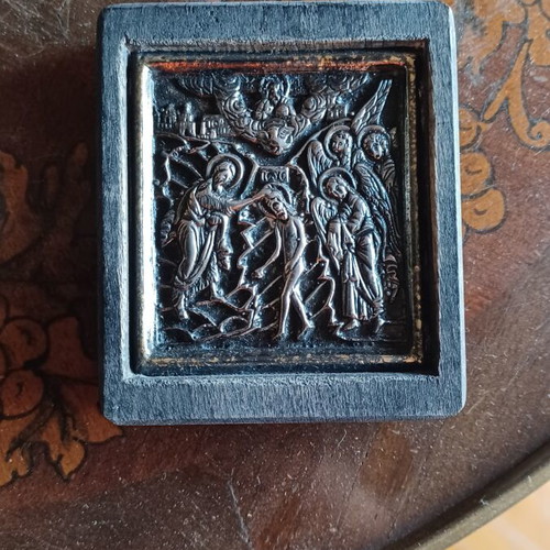 Wooden miniature icon with silver Baptism scene