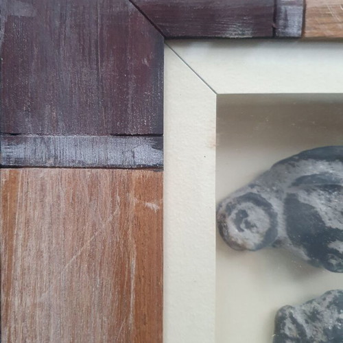 Pre-Columbian art masks used, set of 6 in wooden frame with glass