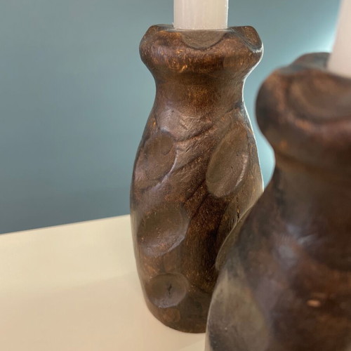 Handmade wooden candlesticks set of 2, like new, dark wood