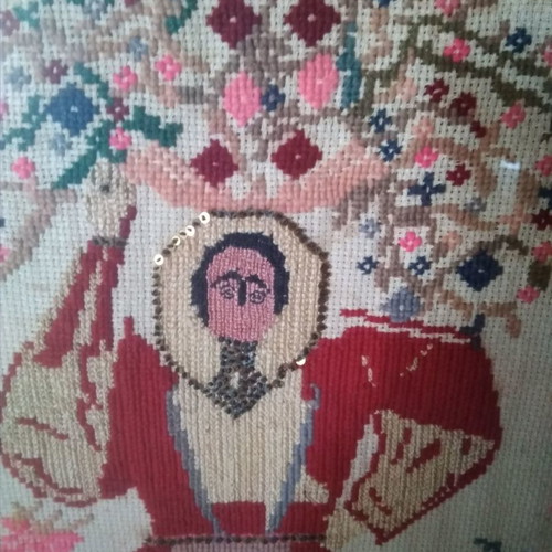 Antique embroidery used with girl and umbrella on canvas