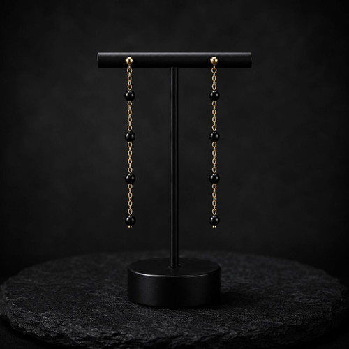 Exis Jewellery Long Gold-Colored Earrings with Black Beads Like New