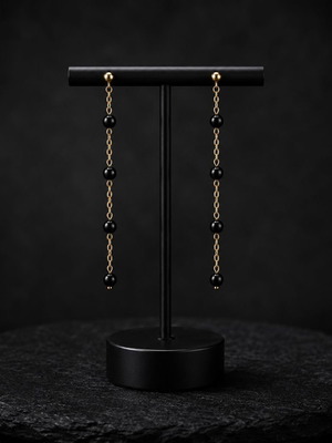Exis Jewellery Long Gold-Colored Earrings with Black Beads Like New
