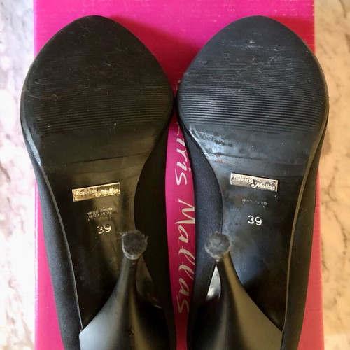 Tsakiris Mallas peep toe black satin pumps used, size 39