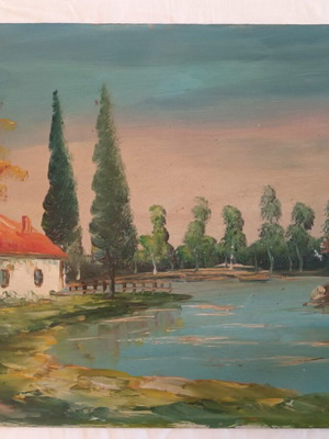 Oil painting on pressed cardboard landscape like new