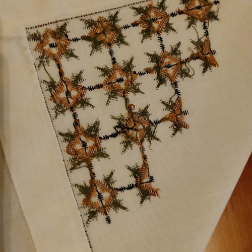 Vintage set of 3 table linens with handmade cross-stitch embroidery used