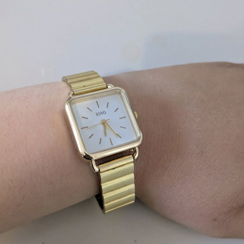 Square gold watch new with adjustable clip clasp