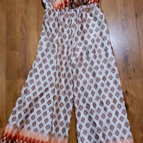 Elegant satin summer jumpsuit size S, like new, beige and brown