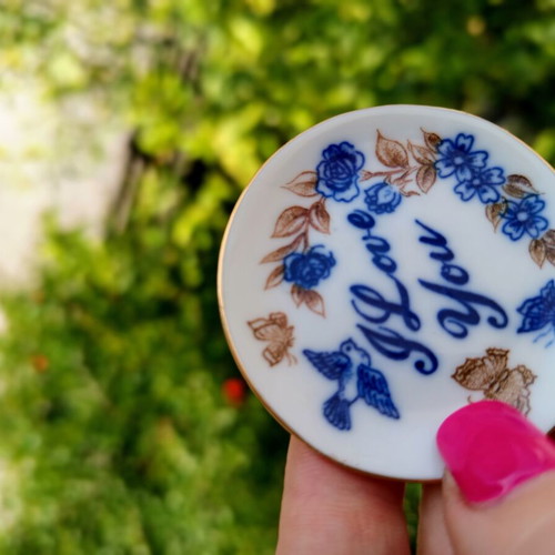 Vintage porcelain miniature set cup and saucer I Love You with gold trim like new