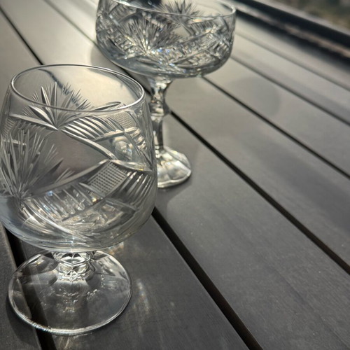 Crystal glass set like new, 6 champagne and 6 brandy glasses with engraving