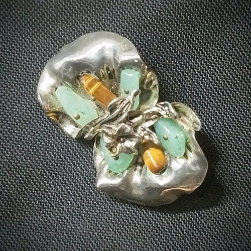 Handmade brooch with natural stones used, aventurine and tiger's eye