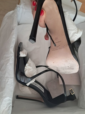 Jimmy Choo Azia 110 black patent leather sandals, size 38