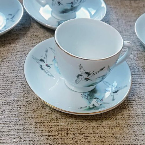 Porcelain cup set with cranes, 6 cups and 6 saucers, new