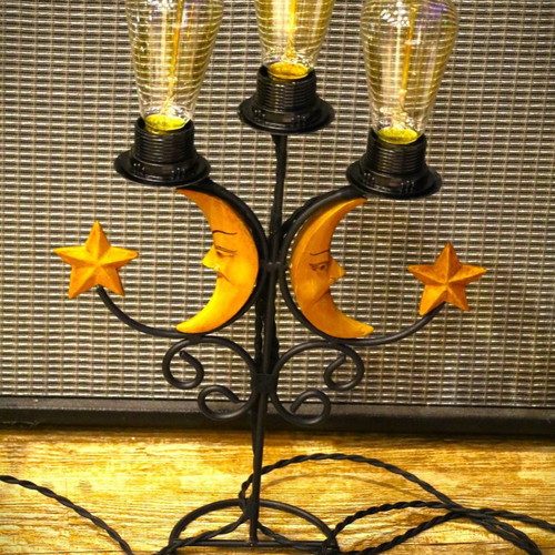 Vintage lamp with 3 Edison bulbs and carved moon designs