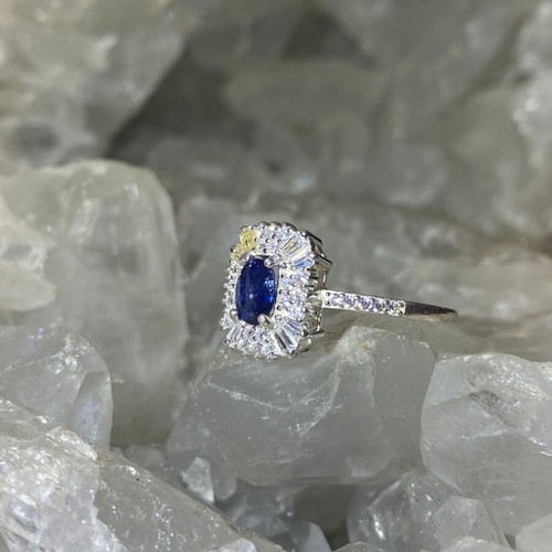 Handmade silver ring with natural blue sapphire and moissanites size 9