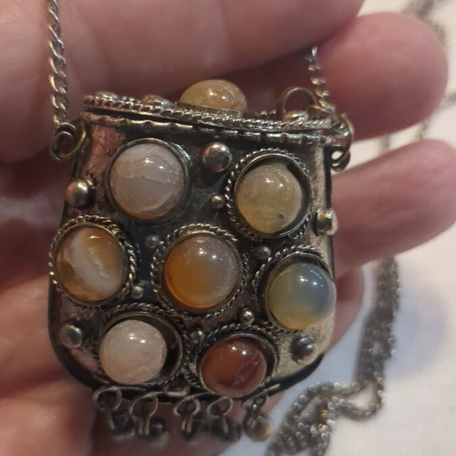 Ethnic necklace with semi-precious stones, like new vintage perfume box locket