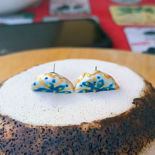 Handmade Ceramic Earrings with Painted Patterns and Glass Coating