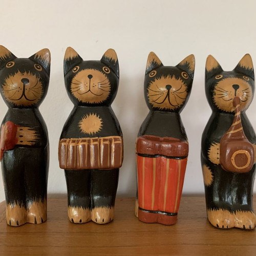 Wooden cat orchestra handmade, new, set of four figurines