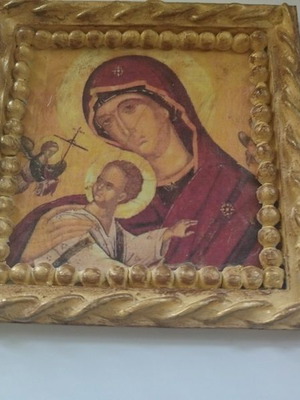 Icon of Virgin Mary with Jesus Christ new, handmade clay 15x15 cm