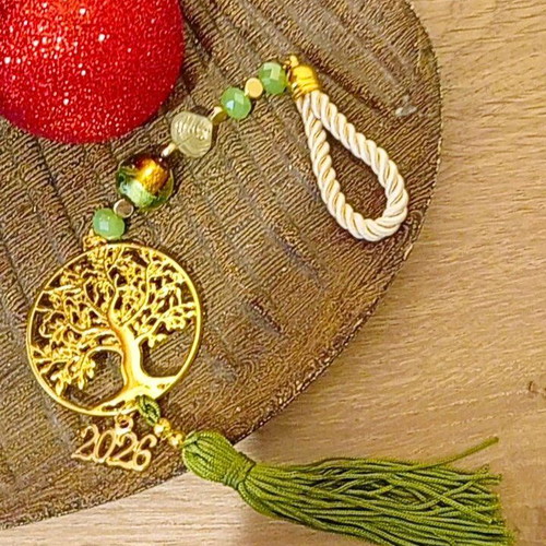 Handmade 2026 hanging charm with metal tree of life in gold color