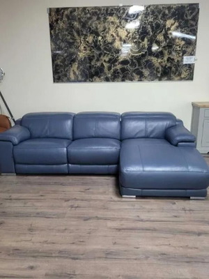 Blue leather corner sofa Laurence with electric relax mechanism new