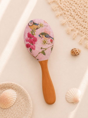 Wooden hairbrush with birds handmade