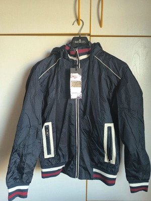 Reversible jacket new with detachable hood, blue and red