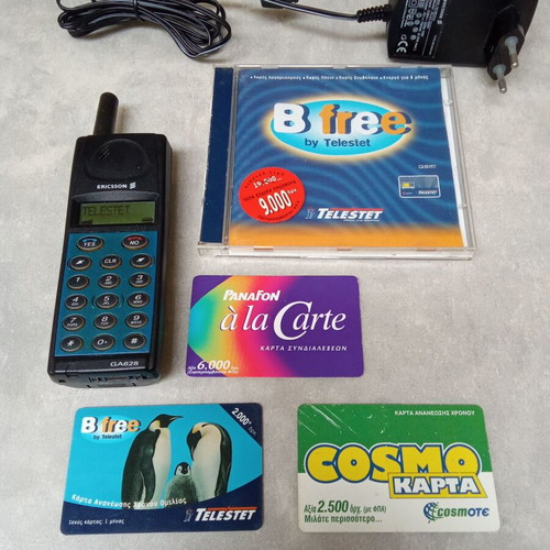 Ericsson GA 628 mobile phone used, vintage collectible with charger and cards