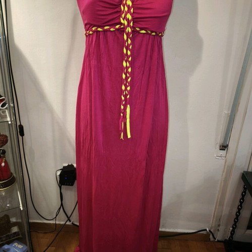 Long strapless fuchsia dress like new with neon details