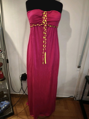 Μακρύ strapless φόρεμα φούξια σαν καινούργιο με neon λεπτομέρειες