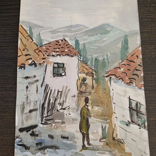 Kostas Banasis watercolor Greek village like new