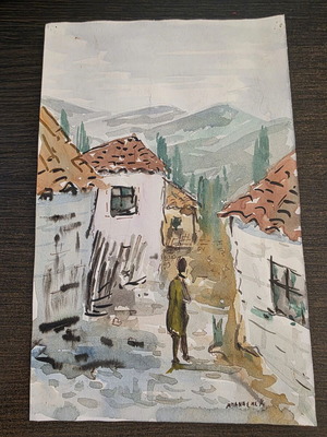 Kostas Banasis watercolor Greek village like new