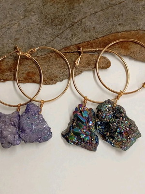 Gold-plated earrings with quartz crystal cluster and natural gemstone new