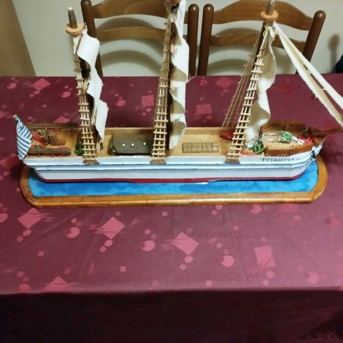Handmade sailboat on base new with three masts