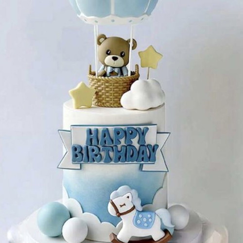 Cake decor with balloons, teddy bear, and hot air balloon like new