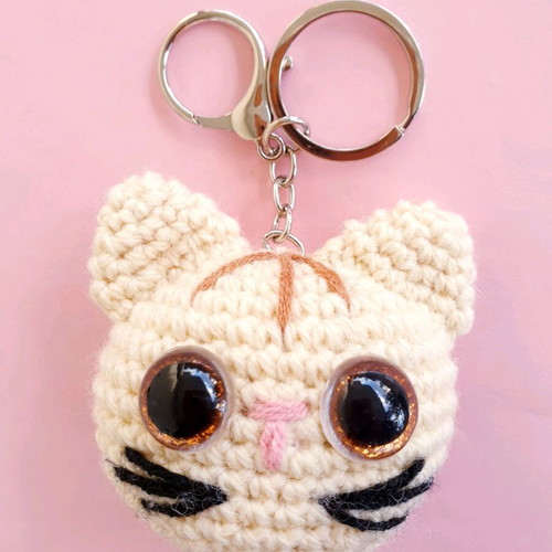 Keychain Charm Bag Cat Cream Amigurumi Knitted Handmade New