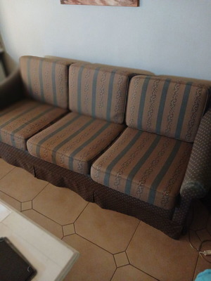 Three-seater sofa handmade with replaced fabric, excellent condition
