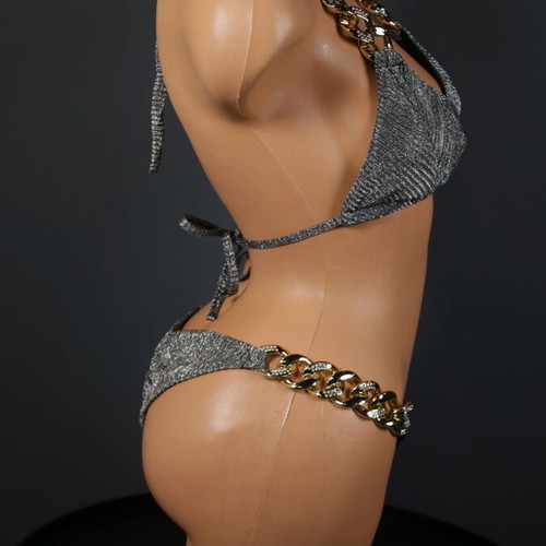 Bikini two-piece silver glitter with gold rings and shiny stones new