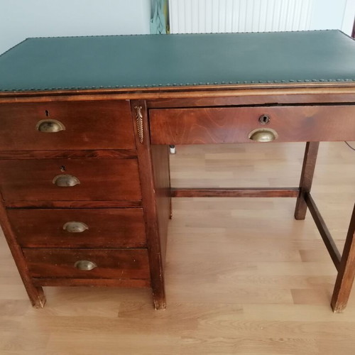 Vintage wooden desk used, walnut color with intact leather surface