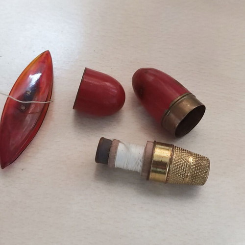 French thimble case with red enamel on bronze, circa 1910, used