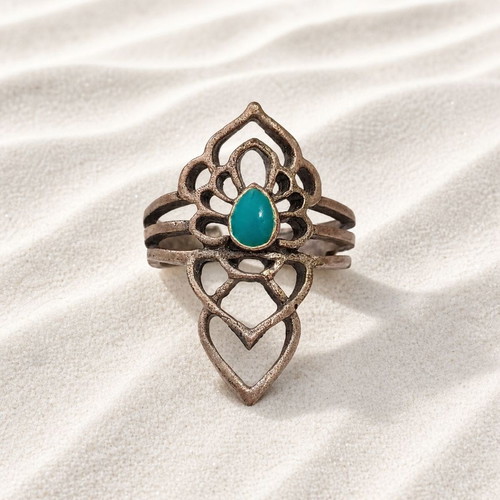 Handmade open ring of brass and enamel blue and silver new